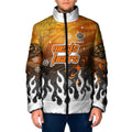 Personalized Wests Tigers Padded Jacket Y2K Grunge Aesthetic With Cyber Flames and Starburst Graphics