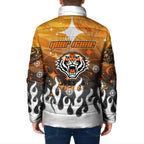 Personalized Wests Tigers Padded Jacket Y2K Grunge Aesthetic With Cyber Flames and Starburst Graphics
