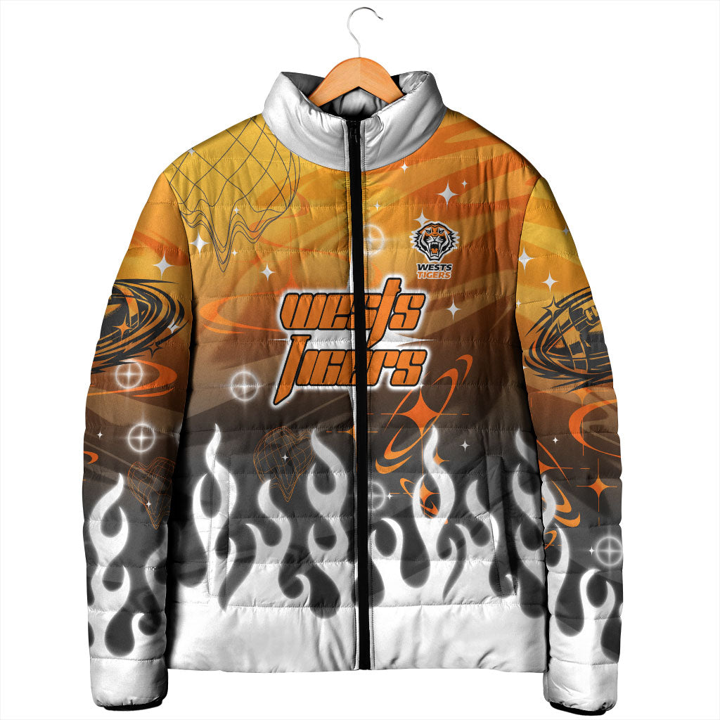 Personalized Wests Tigers Padded Jacket Y2K Grunge Aesthetic With Cyber Flames and Starburst Graphics