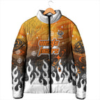 Personalized Wests Tigers Padded Jacket Y2K Grunge Aesthetic With Cyber Flames and Starburst Graphics