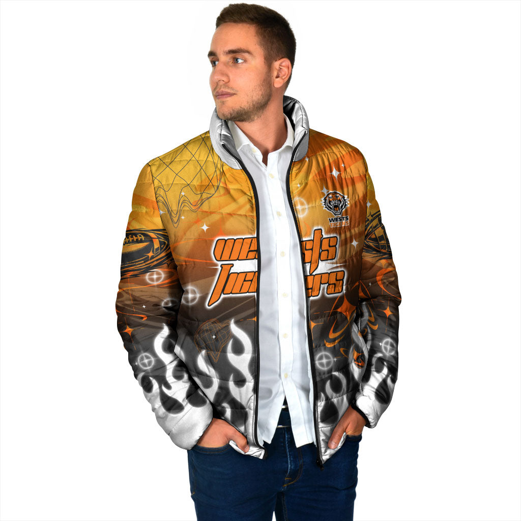 Personalized Wests Tigers Padded Jacket Y2K Grunge Aesthetic With Cyber Flames and Starburst Graphics