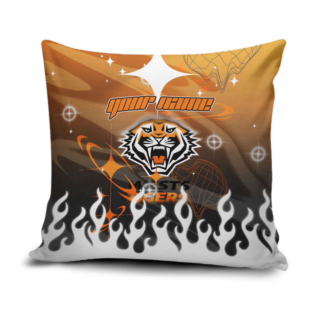 Personalized Wests Tigers Pillow Cover Y2K Grunge Aesthetic With Cyber Flames and Starburst Graphics