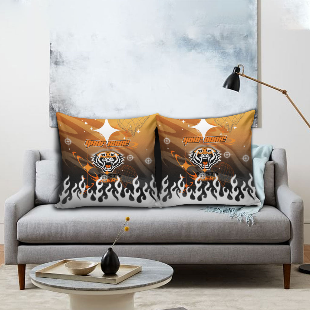 Personalized Wests Tigers Pillow Cover Y2K Grunge Aesthetic With Cyber Flames and Starburst Graphics