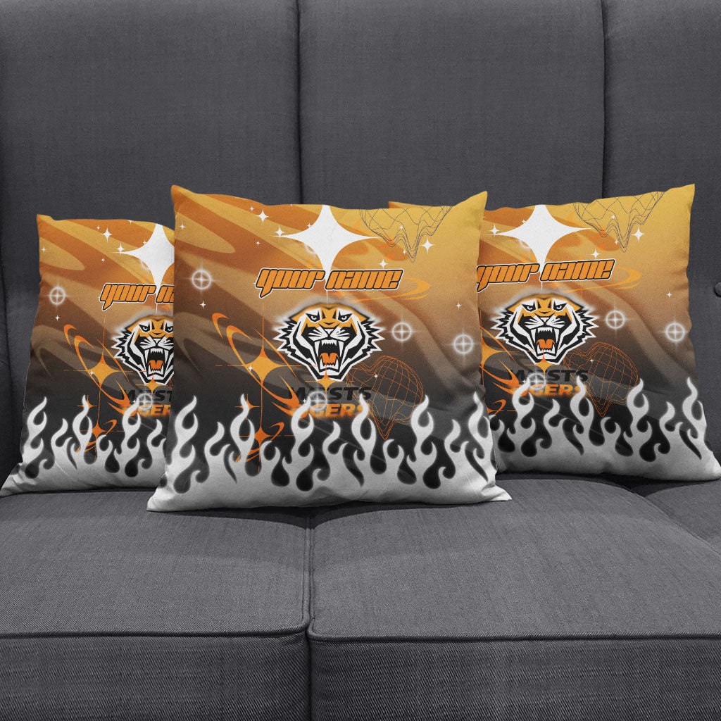 Personalized Wests Tigers Pillow Cover Y2K Grunge Aesthetic With Cyber Flames and Starburst Graphics