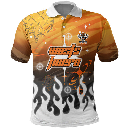 Personalized Wests Tigers Polo Shirt Y2K Grunge Aesthetic With Cyber Flames and Starburst Graphics