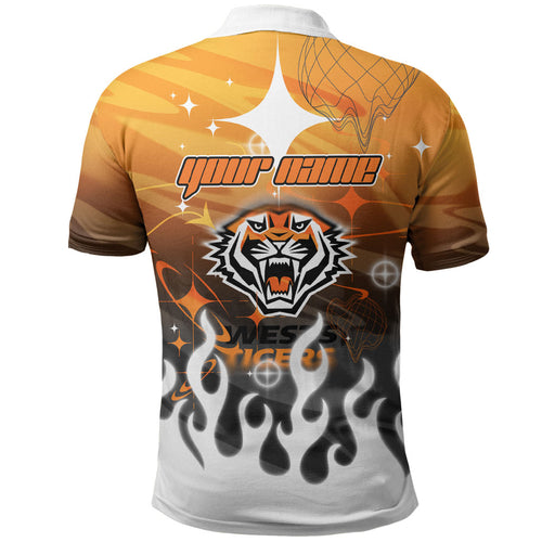 Personalized Wests Tigers Polo Shirt Y2K Grunge Aesthetic With Cyber Flames and Starburst Graphics