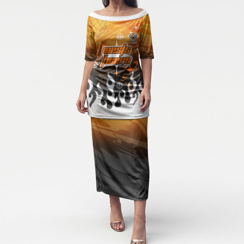 Personalized Wests Tigers Puletasi Y2K Grunge Aesthetic With Cyber Flames and Starburst Graphics