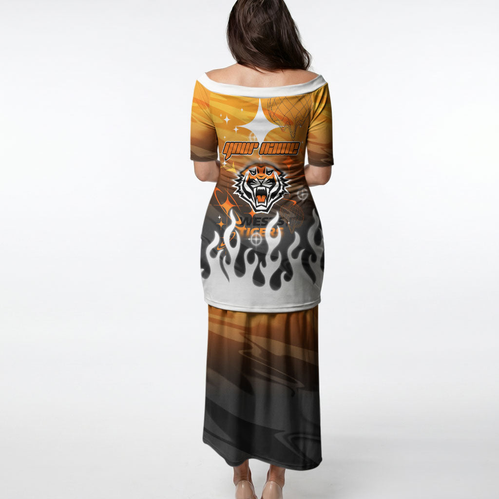Personalized Wests Tigers Puletasi Y2K Grunge Aesthetic With Cyber Flames and Starburst Graphics