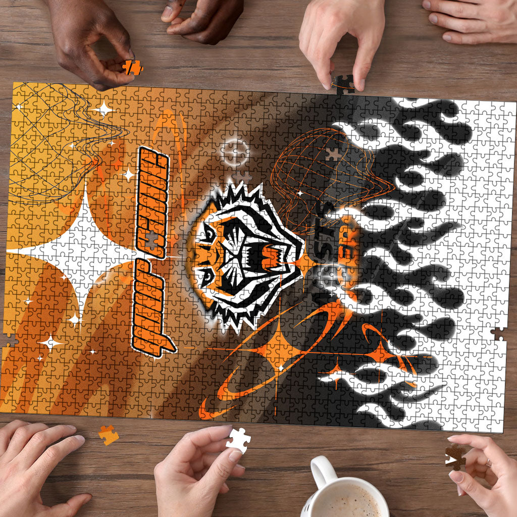 Personalized Wests Tigers Puzzle Y2K Grunge Aesthetic With Cyber Flames and Starburst Graphics
