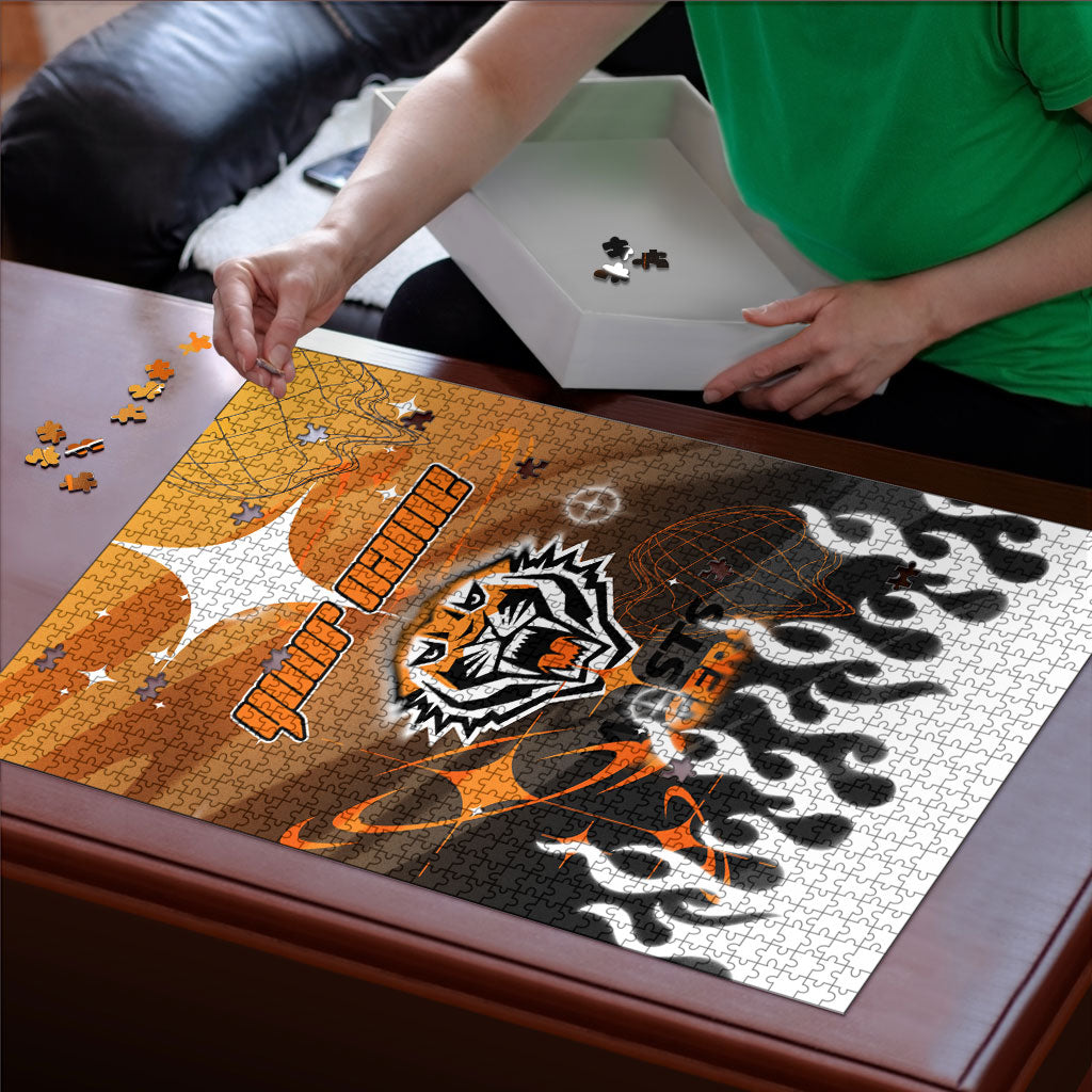 Personalized Wests Tigers Puzzle Y2K Grunge Aesthetic With Cyber Flames and Starburst Graphics