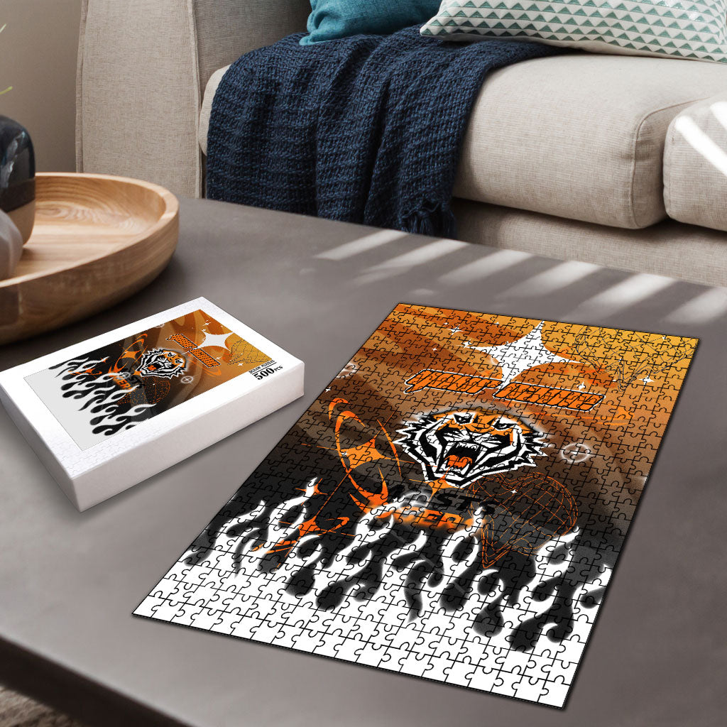 Personalized Wests Tigers Puzzle Y2K Grunge Aesthetic With Cyber Flames and Starburst Graphics