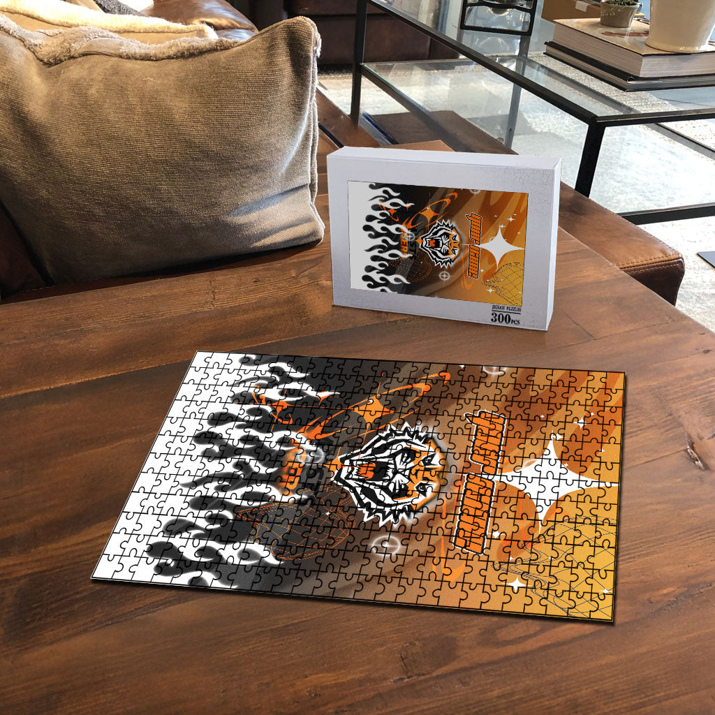 Personalized Wests Tigers Puzzle Y2K Grunge Aesthetic With Cyber Flames and Starburst Graphics