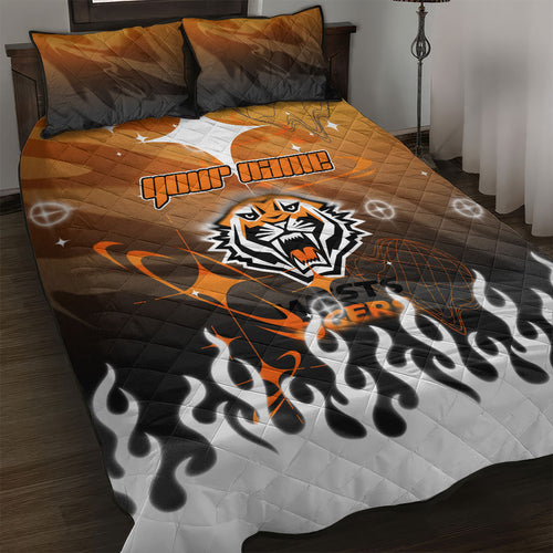 Personalized Wests Tigers Quilt Bed Set Y2K Grunge Aesthetic With Cyber Flames and Starburst Graphics