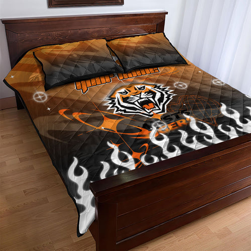Personalized Wests Tigers Quilt Bed Set Y2K Grunge Aesthetic With Cyber Flames and Starburst Graphics