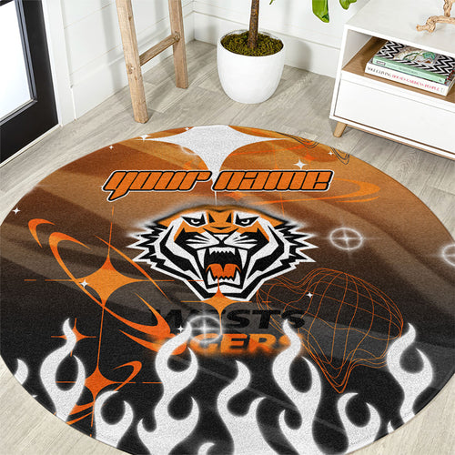 Personalized Wests Tigers Round Carpet Y2K Grunge Aesthetic With Cyber Flames and Starburst Graphics