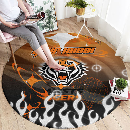 Personalized Wests Tigers Round Carpet Y2K Grunge Aesthetic With Cyber Flames and Starburst Graphics