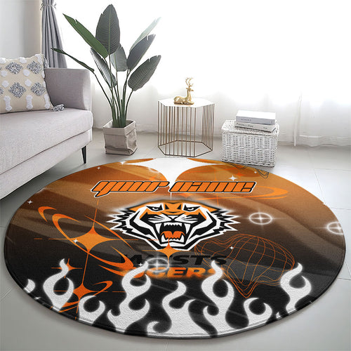 Personalized Wests Tigers Round Carpet Y2K Grunge Aesthetic With Cyber Flames and Starburst Graphics