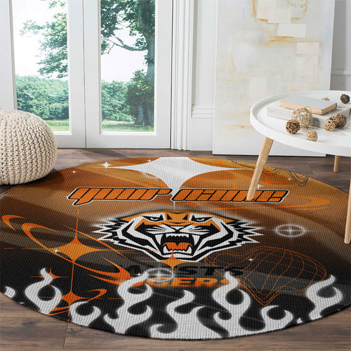 Personalized Wests Tigers Round Carpet Y2K Grunge Aesthetic With Cyber Flames and Starburst Graphics