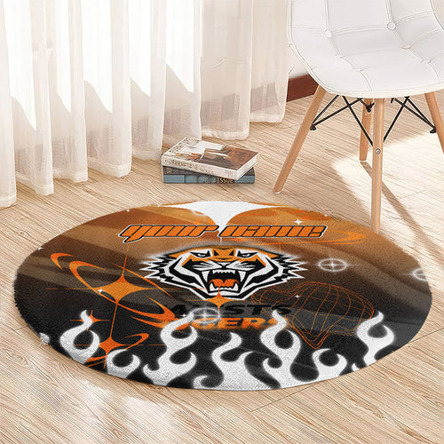 Personalized Wests Tigers Round Carpet Y2K Grunge Aesthetic With Cyber Flames and Starburst Graphics