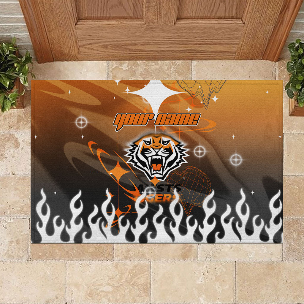 Personalized Wests Tigers Rubber Doormat Y2K Grunge Aesthetic With Cyber Flames and Starburst Graphics