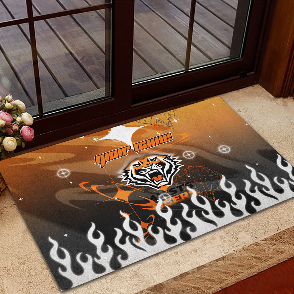 Personalized Wests Tigers Rubber Doormat Y2K Grunge Aesthetic With Cyber Flames and Starburst Graphics