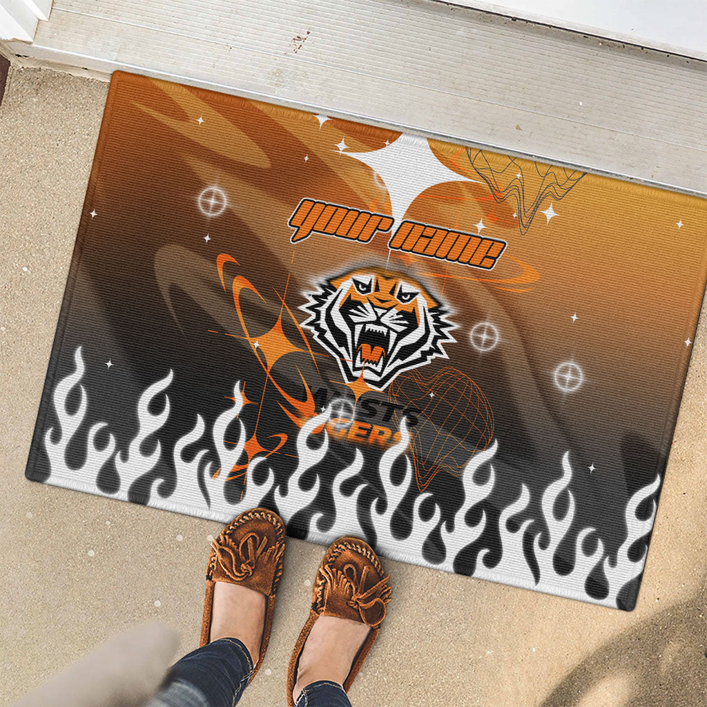 Personalized Wests Tigers Rubber Doormat Y2K Grunge Aesthetic With Cyber Flames and Starburst Graphics