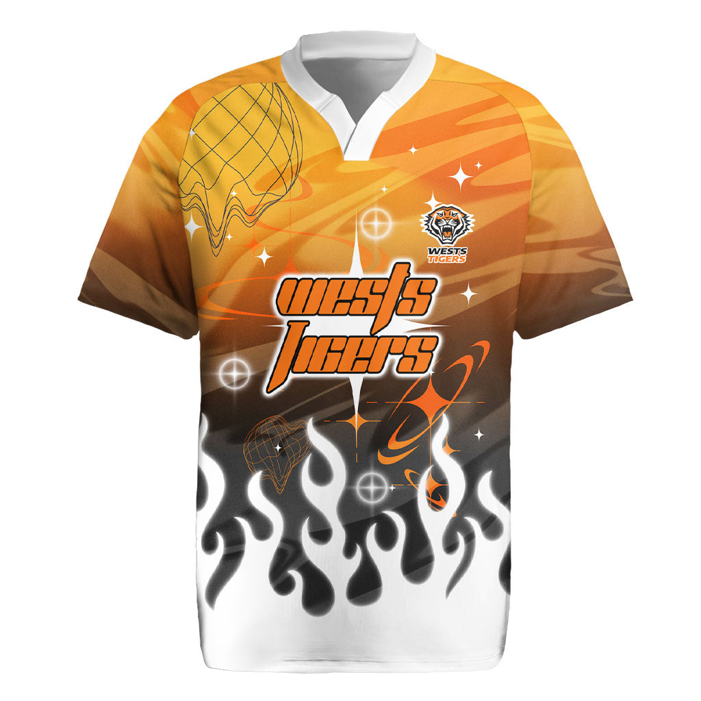 Personalized Wests Tigers Rugby Jersey Y2K Grunge Aesthetic With Cyber Flames and Starburst Graphics