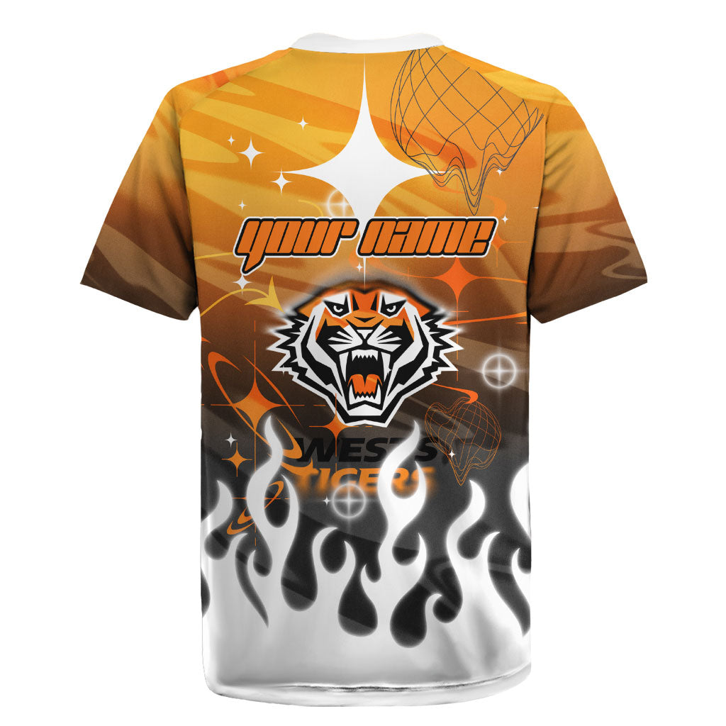 Personalized Wests Tigers Rugby Jersey Y2K Grunge Aesthetic With Cyber Flames and Starburst Graphics