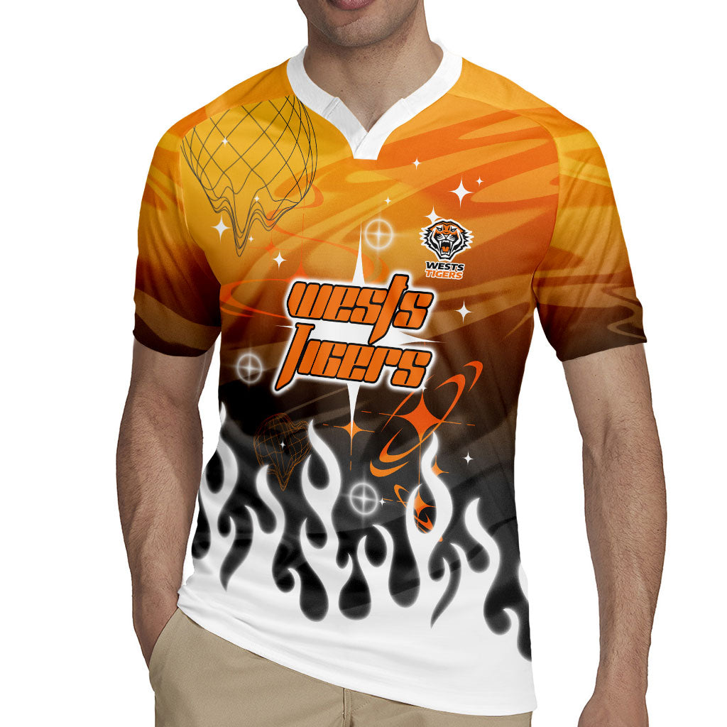 Personalized Wests Tigers Rugby Jersey Y2K Grunge Aesthetic With Cyber Flames and Starburst Graphics