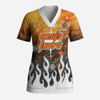 Personalized Wests Tigers Scrub Top Y2K Grunge Aesthetic With Cyber Flames and Starburst Graphics