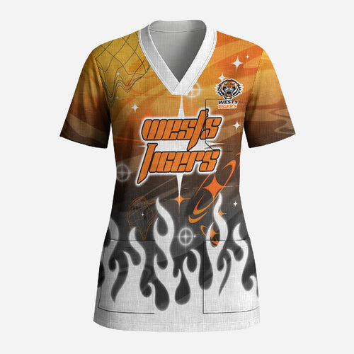 Personalized Wests Tigers Scrub Top Y2K Grunge Aesthetic With Cyber Flames and Starburst Graphics