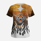 Personalized Wests Tigers Scrub Top Y2K Grunge Aesthetic With Cyber Flames and Starburst Graphics