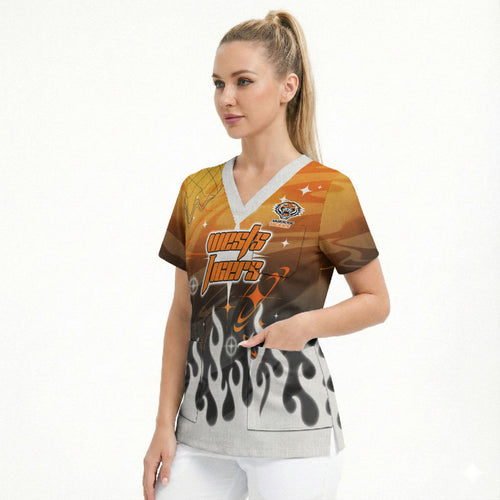 Personalized Wests Tigers Scrub Top Y2K Grunge Aesthetic With Cyber Flames and Starburst Graphics