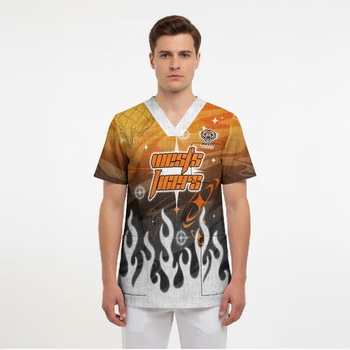 Personalized Wests Tigers Scrub Top Y2K Grunge Aesthetic With Cyber Flames and Starburst Graphics