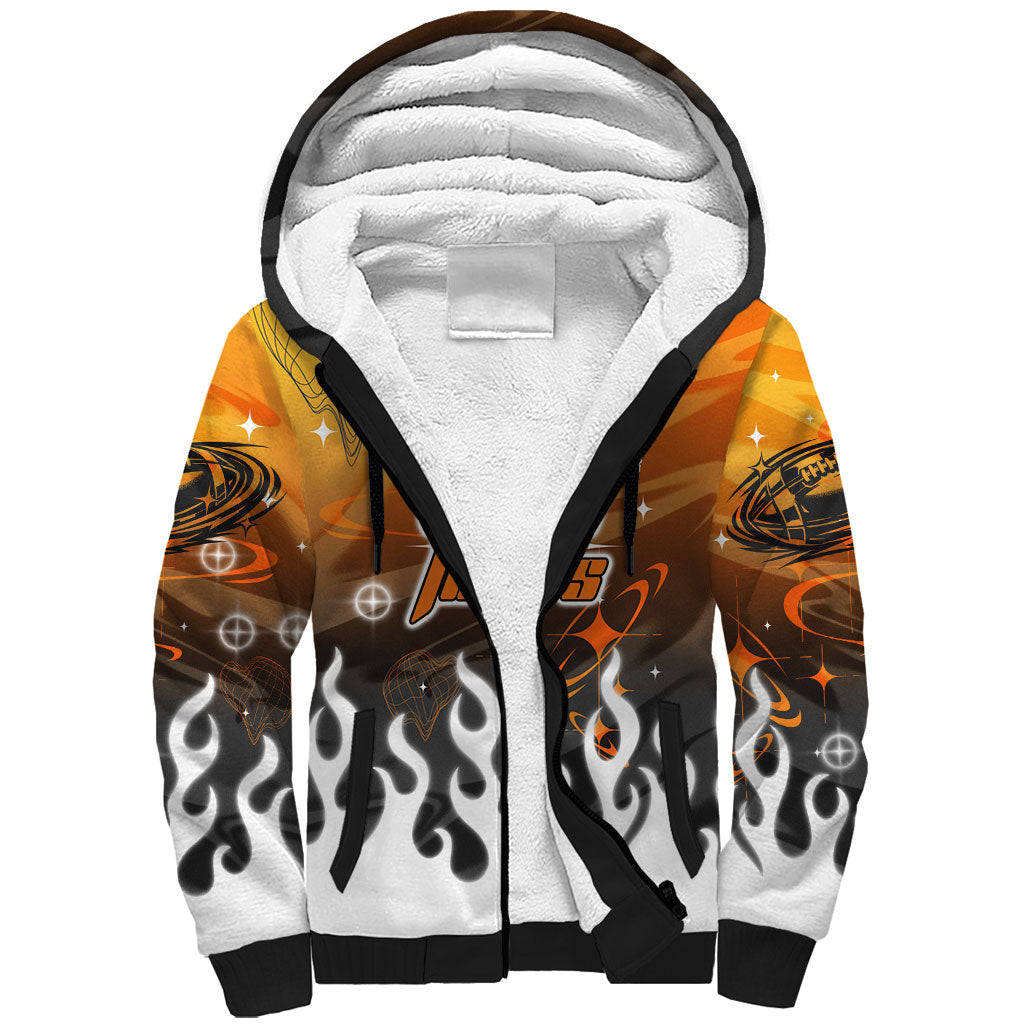 Personalized Wests Tigers Sherpa Hoodie Y2K Grunge Aesthetic With Cyber Flames and Starburst Graphics