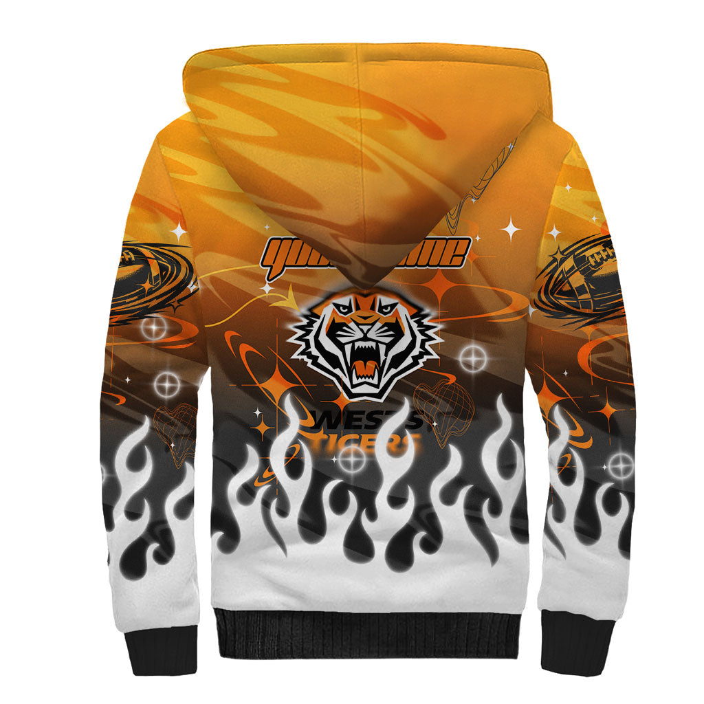 Personalized Wests Tigers Sherpa Hoodie Y2K Grunge Aesthetic With Cyber Flames and Starburst Graphics
