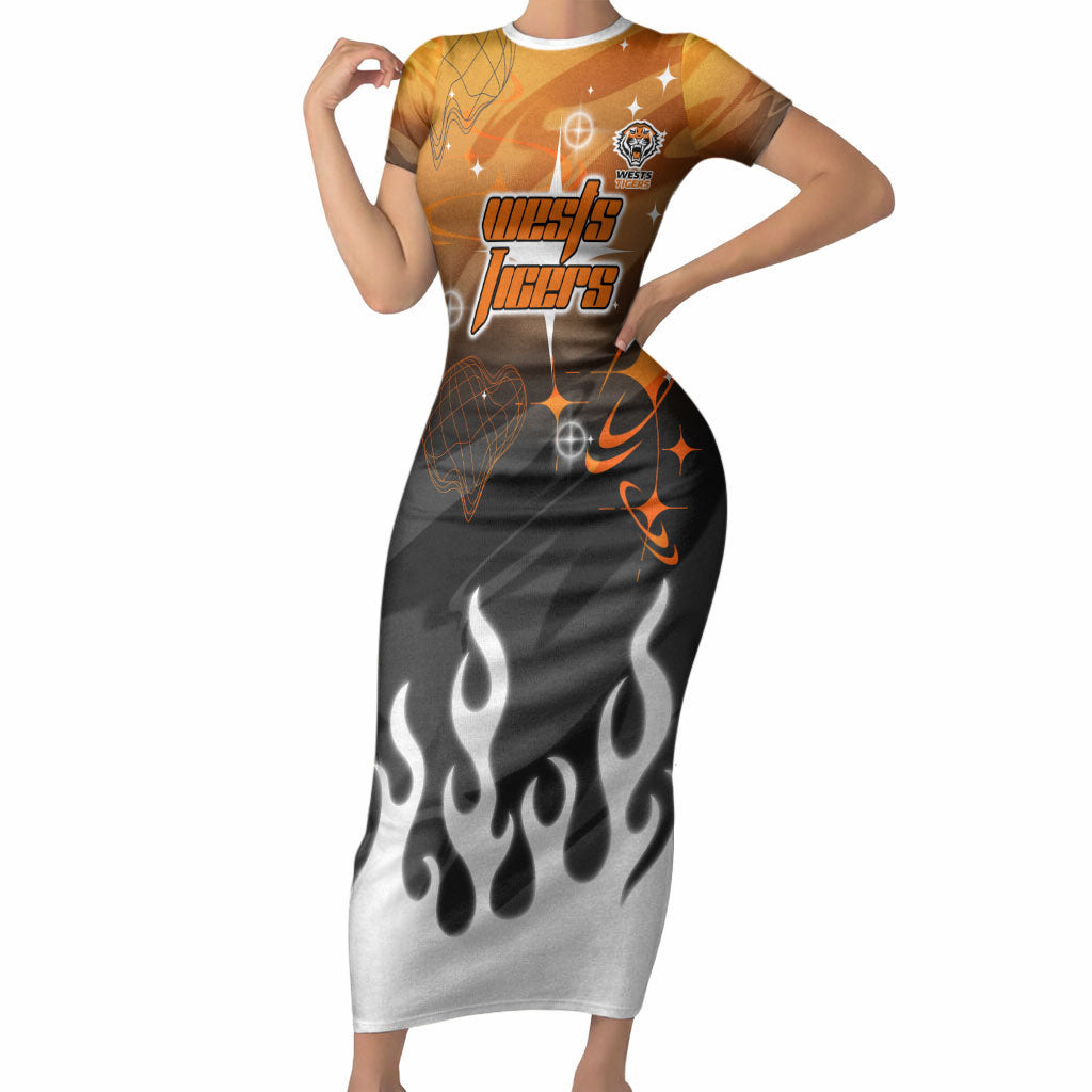 Personalized Wests Tigers Short Sleeve Bodycon Dress Y2K Grunge Aesthetic With Cyber Flames and Starburst Graphics