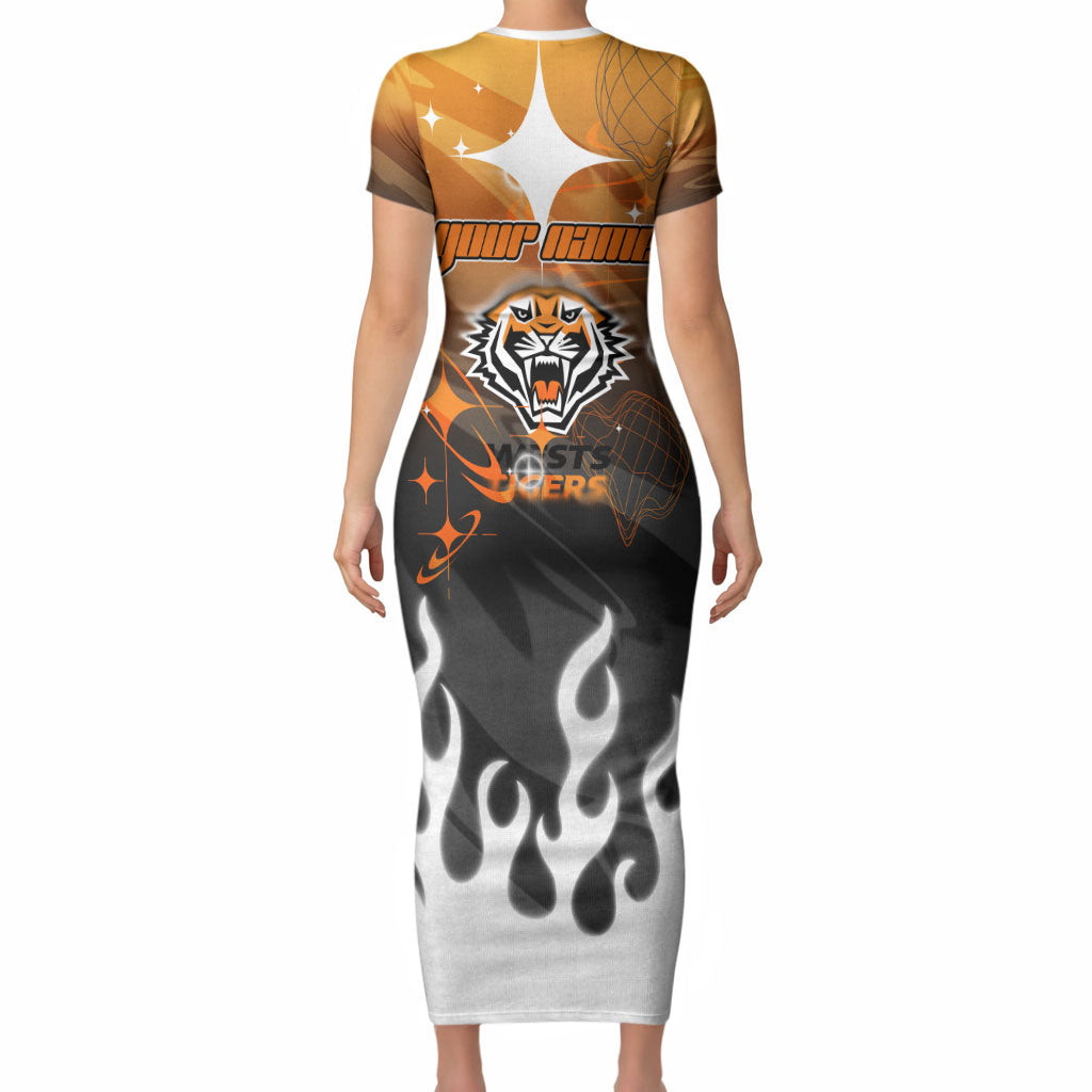 Personalized Wests Tigers Short Sleeve Bodycon Dress Y2K Grunge Aesthetic With Cyber Flames and Starburst Graphics