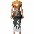 Personalized Wests Tigers Short Sleeve Bodycon Dress Y2K Grunge Aesthetic With Cyber Flames and Starburst Graphics