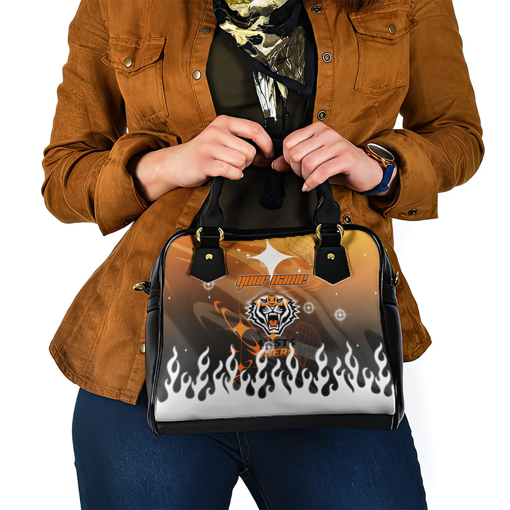 Personalized Wests Tigers Shoulder Handbag Y2K Grunge Aesthetic With Cyber Flames and Starburst Graphics