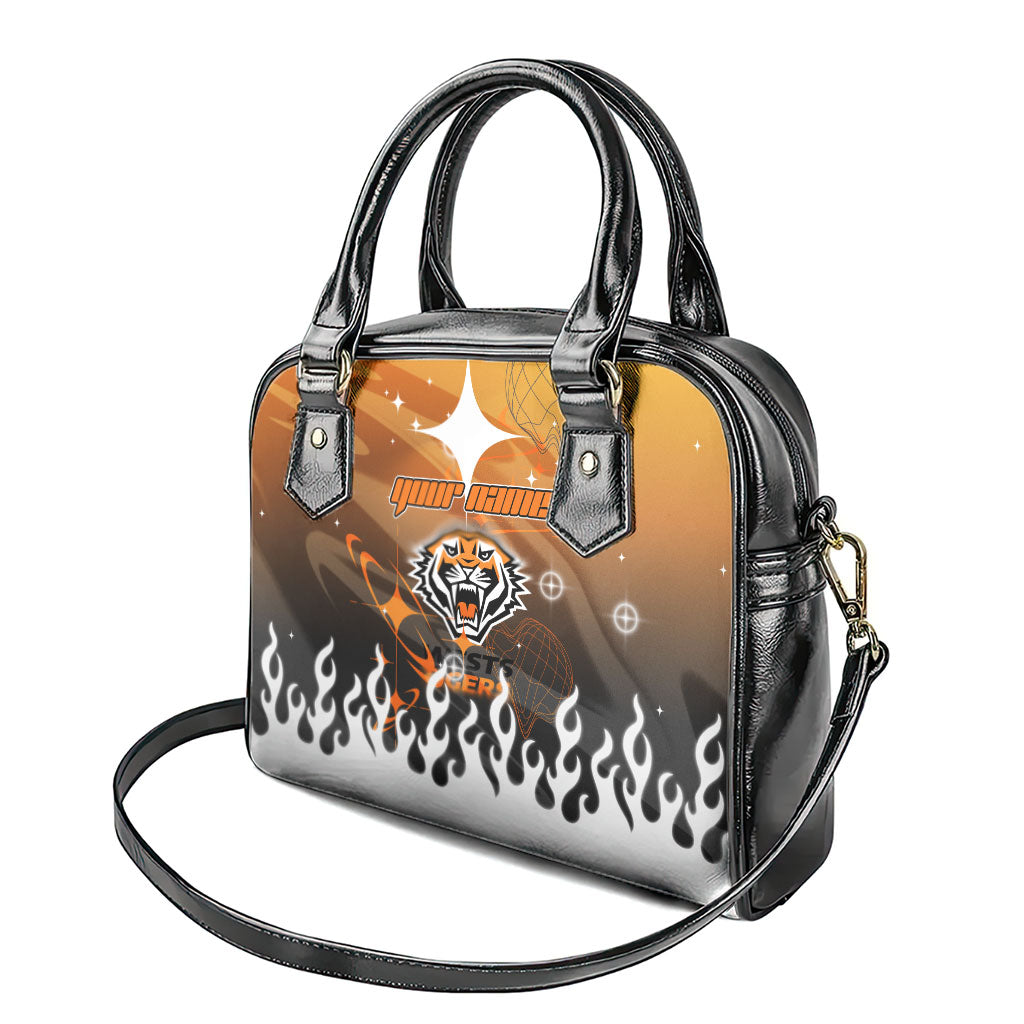 Personalized Wests Tigers Shoulder Handbag Y2K Grunge Aesthetic With Cyber Flames and Starburst Graphics