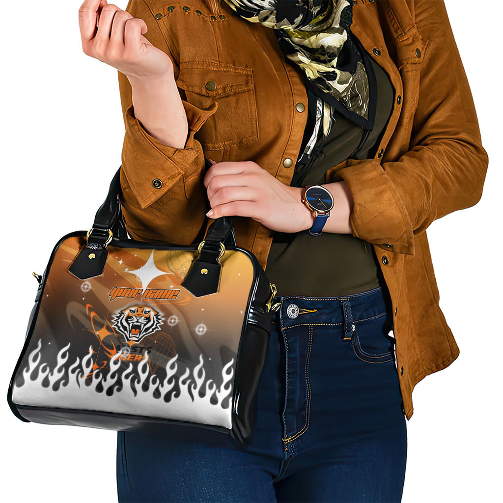 Personalized Wests Tigers Shoulder Handbag Y2K Grunge Aesthetic With Cyber Flames and Starburst Graphics