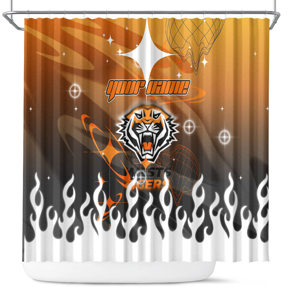 Personalized Wests Tigers Shower Curtain Y2K Grunge Aesthetic With Cyber Flames and Starburst Graphics