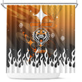 Personalized Wests Tigers Shower Curtain Y2K Grunge Aesthetic With Cyber Flames and Starburst Graphics