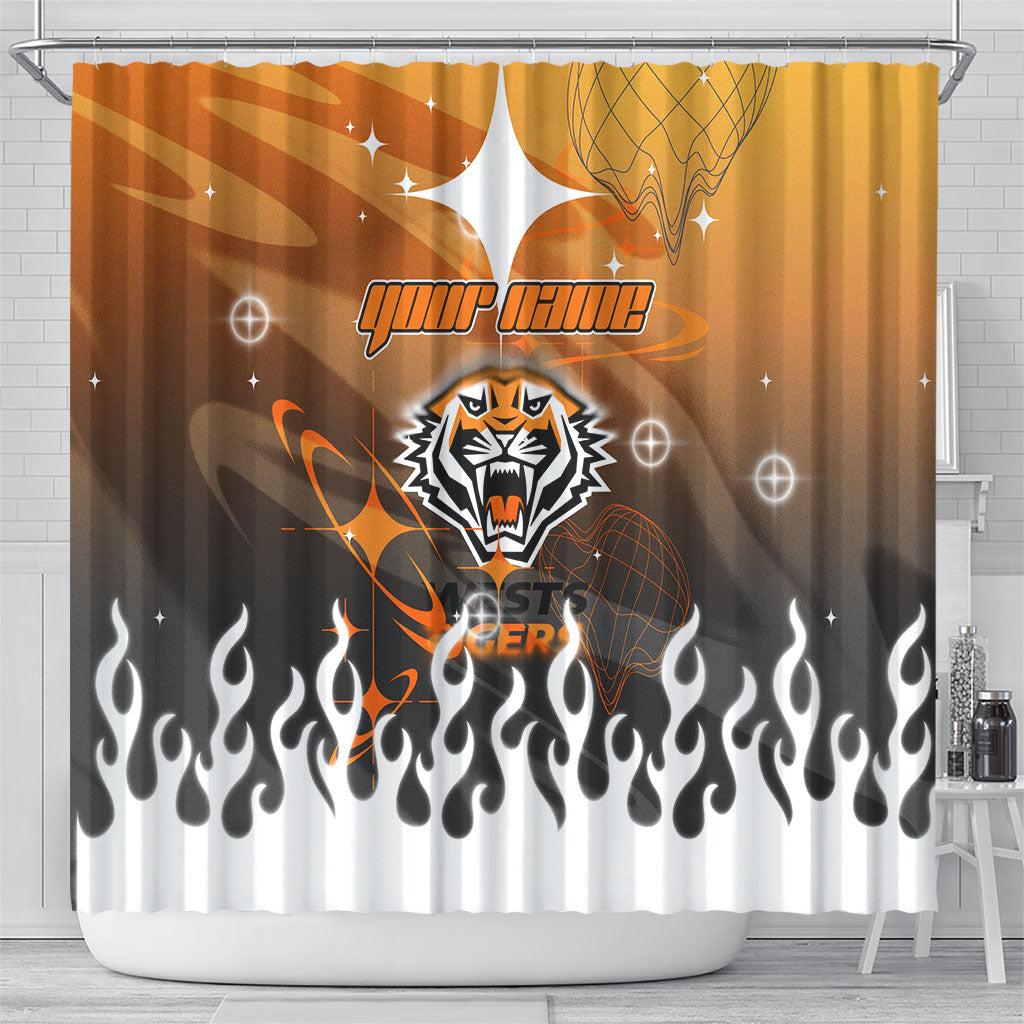 Personalized Wests Tigers Shower Curtain Y2K Grunge Aesthetic With Cyber Flames and Starburst Graphics