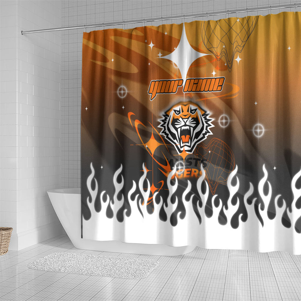 Personalized Wests Tigers Shower Curtain Y2K Grunge Aesthetic With Cyber Flames and Starburst Graphics