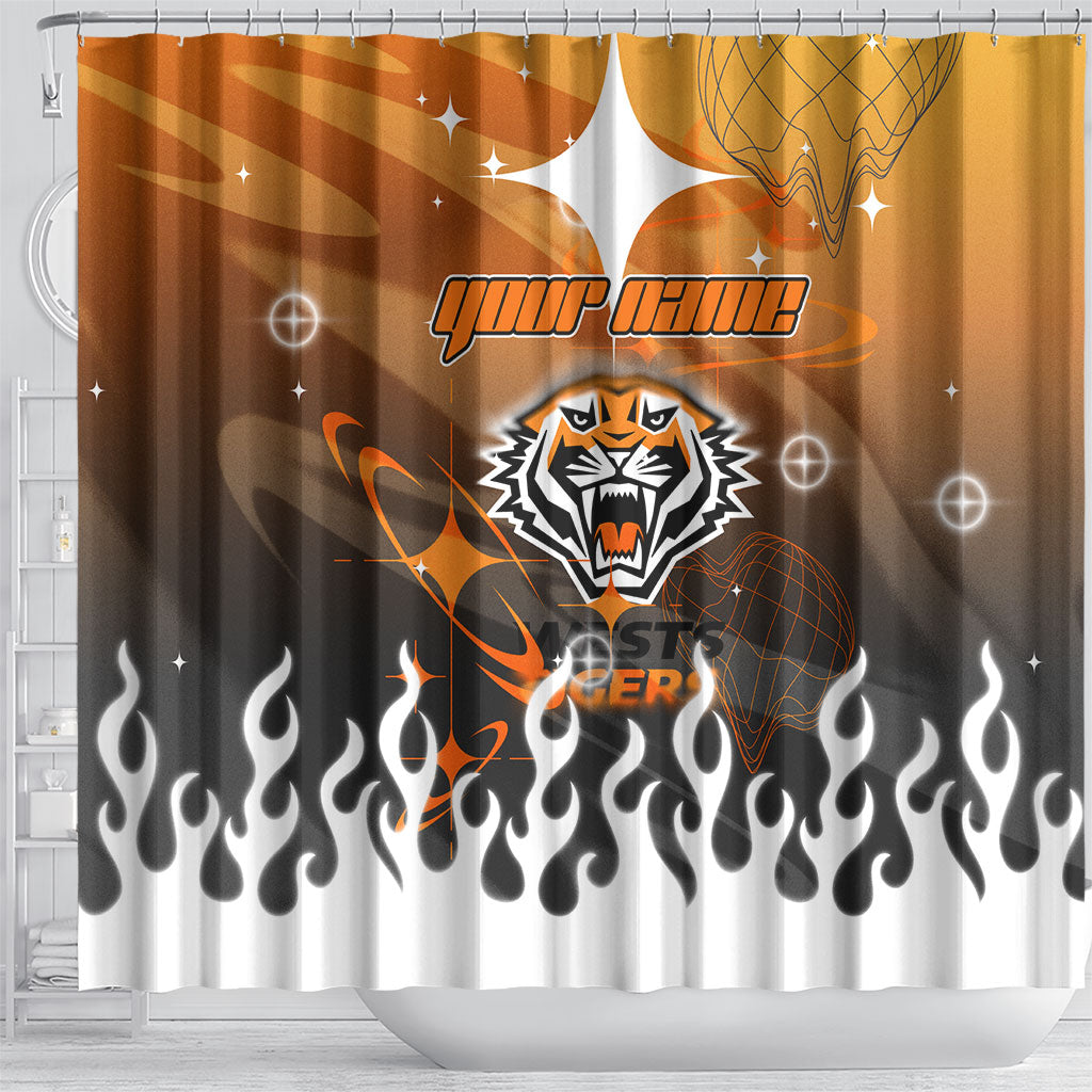 Personalized Wests Tigers Shower Curtain Y2K Grunge Aesthetic With Cyber Flames and Starburst Graphics