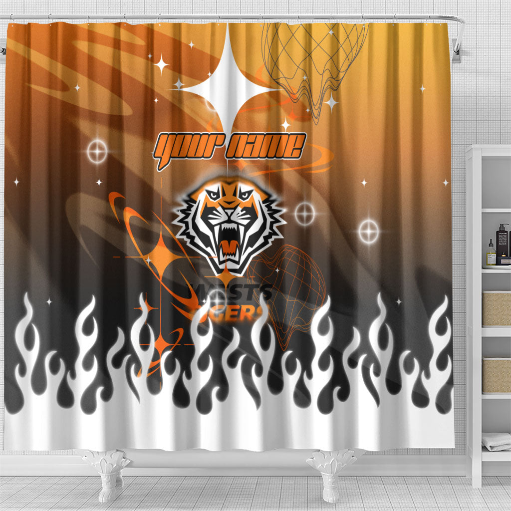 Personalized Wests Tigers Shower Curtain Y2K Grunge Aesthetic With Cyber Flames and Starburst Graphics