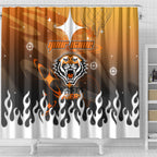 Personalized Wests Tigers Shower Curtain Y2K Grunge Aesthetic With Cyber Flames and Starburst Graphics