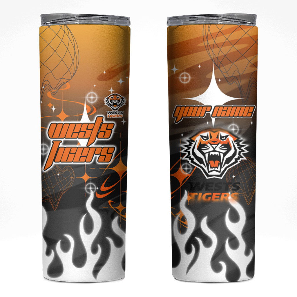 Personalized Wests Tigers Skinny Tumbler Y2K Grunge Aesthetic With Cyber Flames and Starburst Graphics